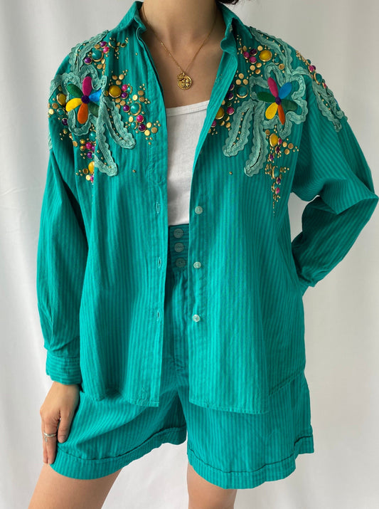 80s vintage turquoise blue embellished shirt shorts matching set – small | retro funky embroidered coord set