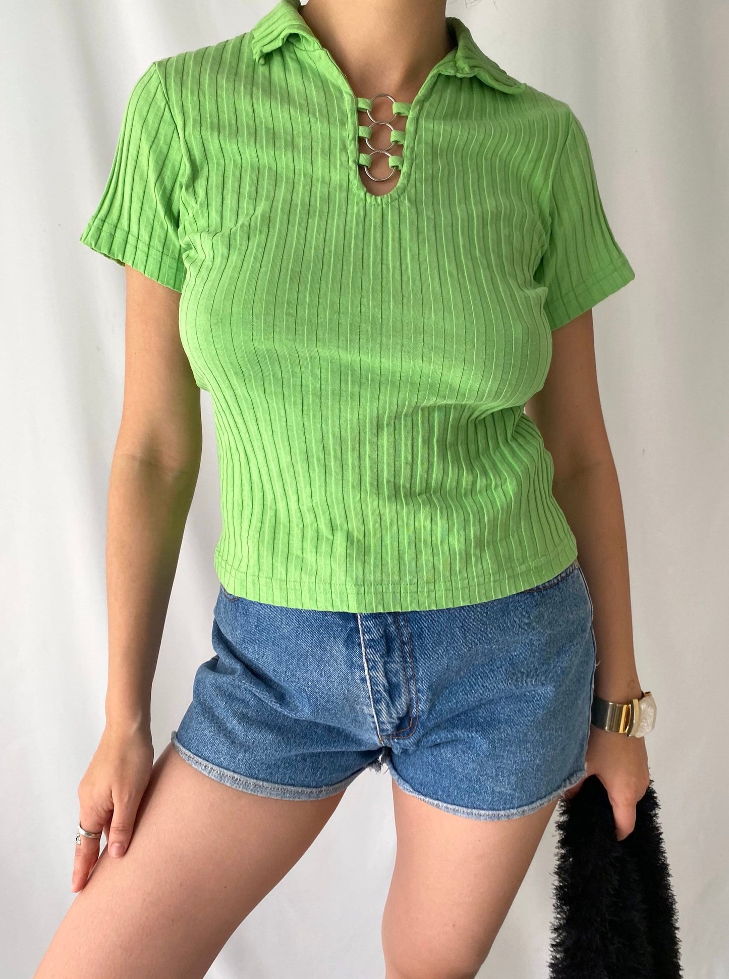 90s y2k vintage green ribbed short sleeved crop top – extra small, small | bright neon collared fun bratz shirt