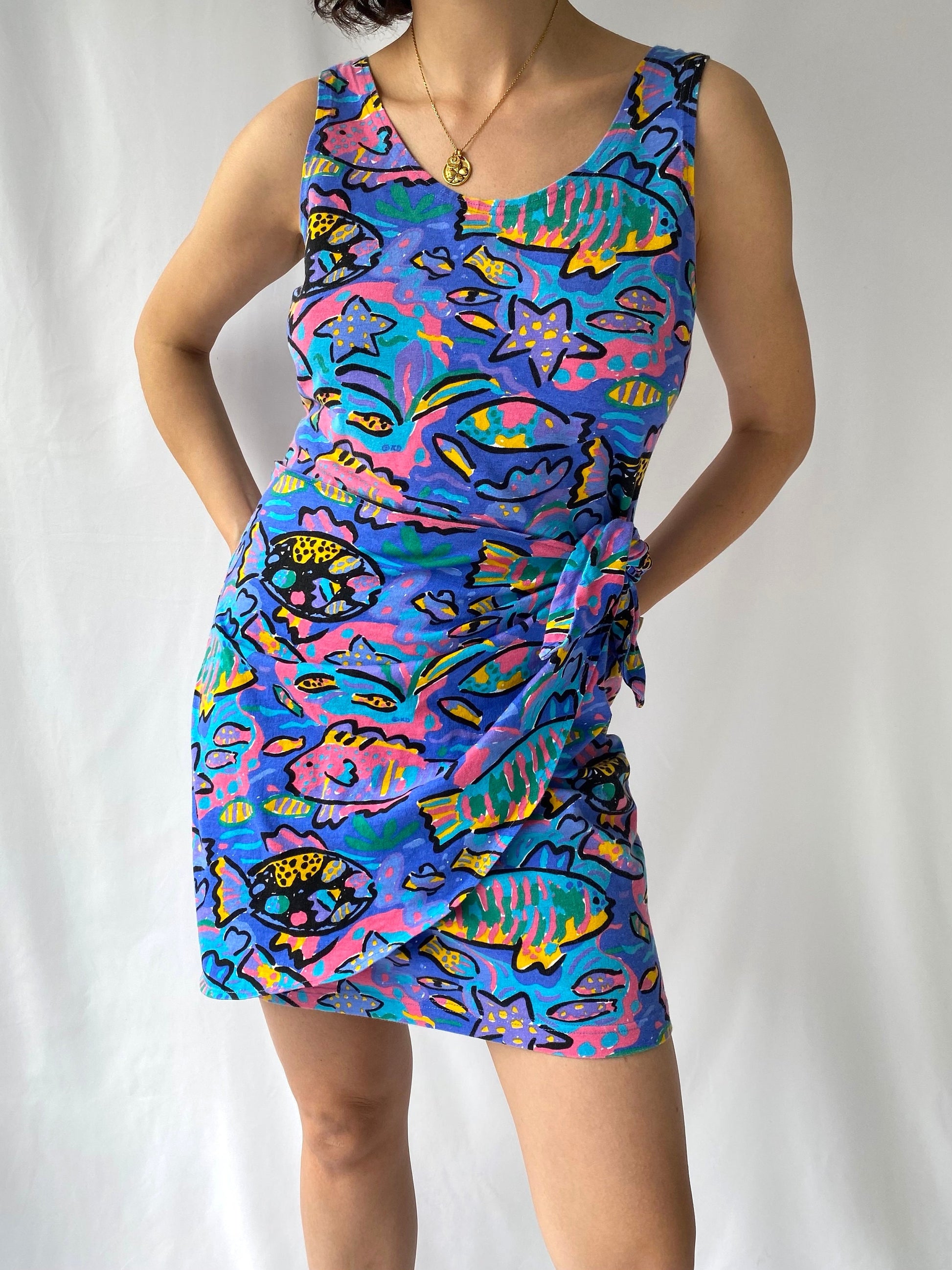 90s vintage multicolor tropical fish sleeveless short dress