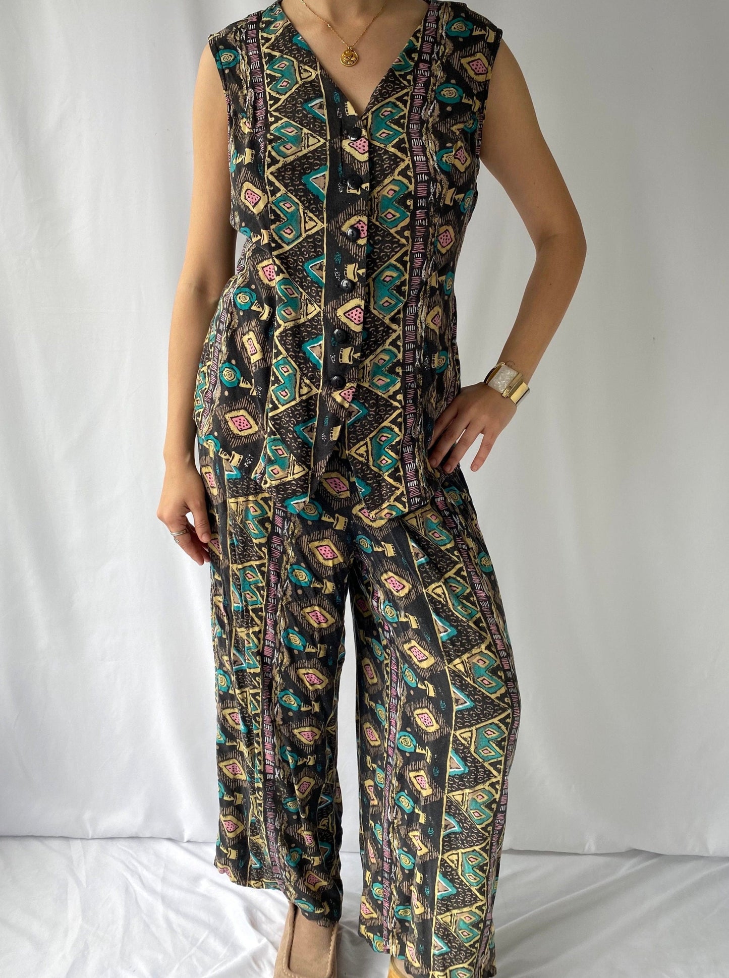 90s vintage brown boho aztec vest top pants matching set – medium | hippy casual lounge coord set