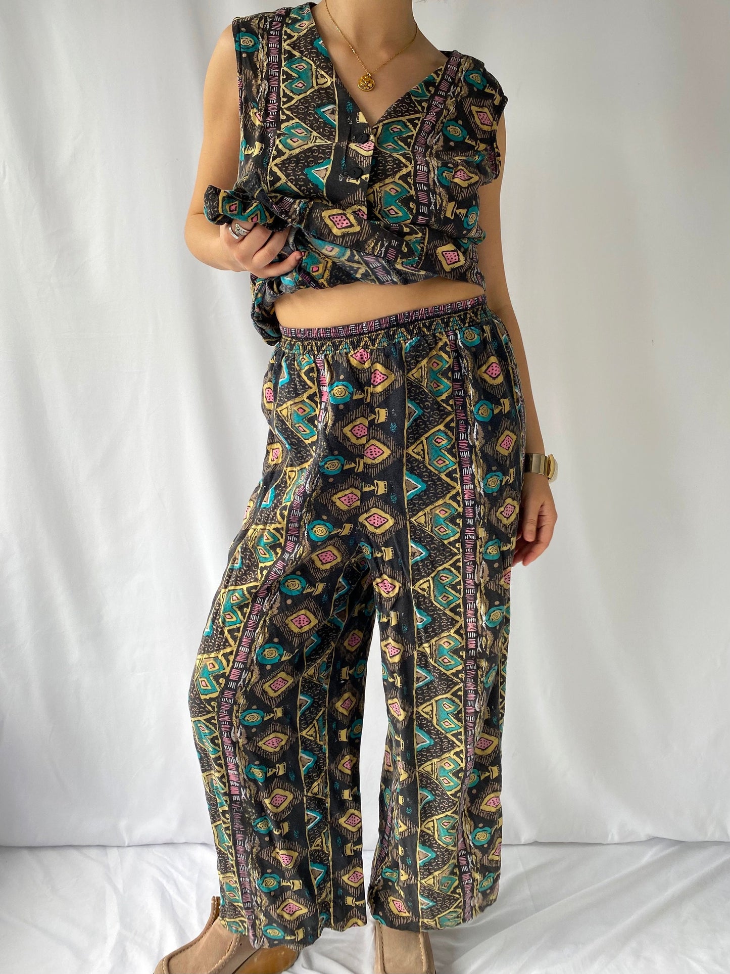 90s vintage brown boho aztec vest top pants matching set – medium | hippy casual lounge coord set