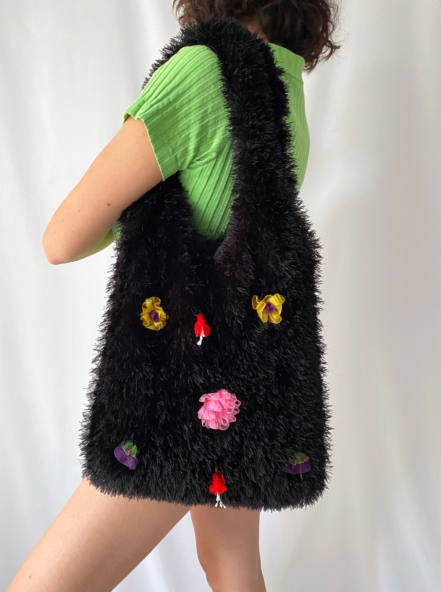 y2k vintage black plushy fluffy embellished floral large tote bag