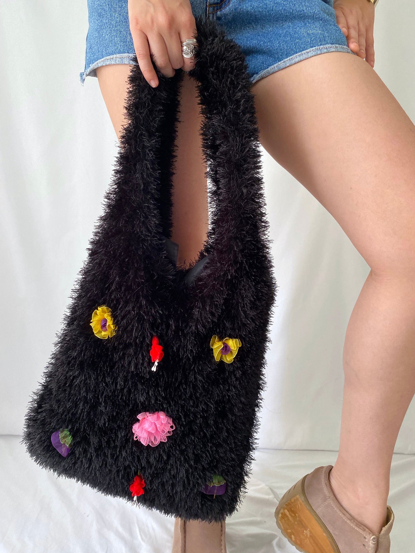 y2k vintage black plushy fluffy embellished floral large tote bag