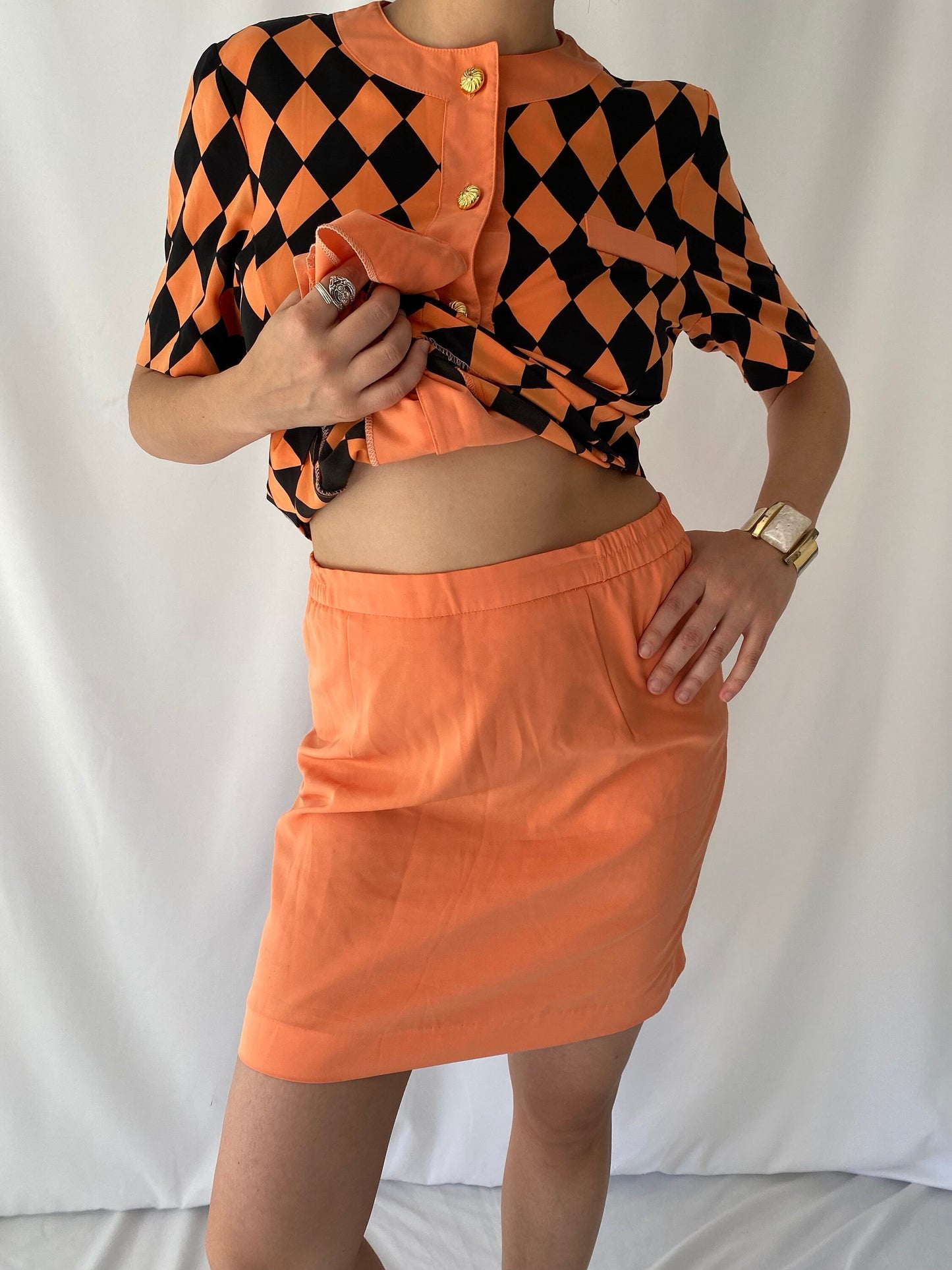 90s vintage orange black short sleeved blouse mini skirt matching set