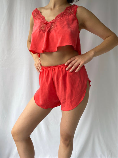 80s vintage pink lingerie camisole mini shorts matching set - small | silky lace sexy cute bow crop top pajama lounge two 2 piece coord set