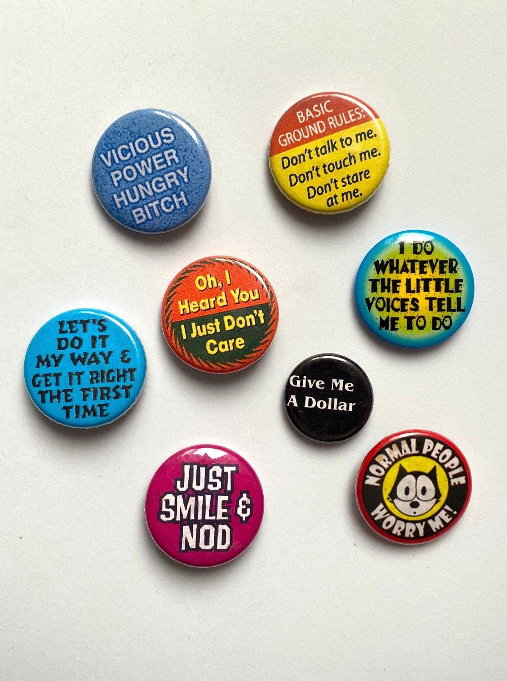 vintage colorful funny novelty metal button pins – set of 8