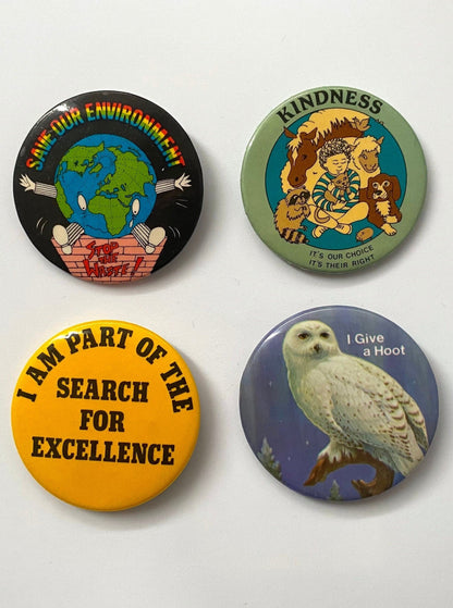 70s 80s vintage save the planet metal button pins – set of 4 | environment hippy go green protect animals pinbacks