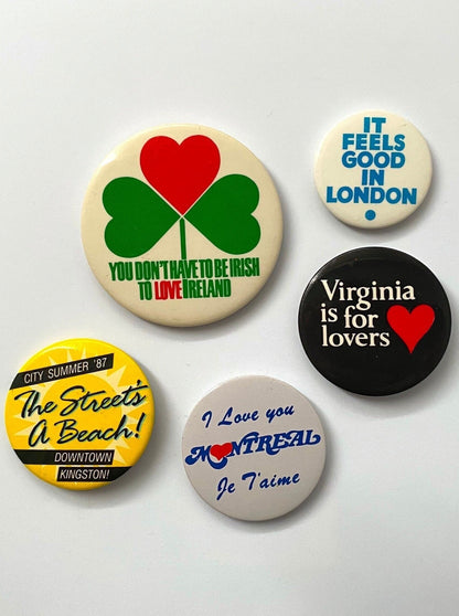 70s 80s vintage travel metal button pins | souvenir ireland london virginia usa montreal kingston canada tourist pinbacks