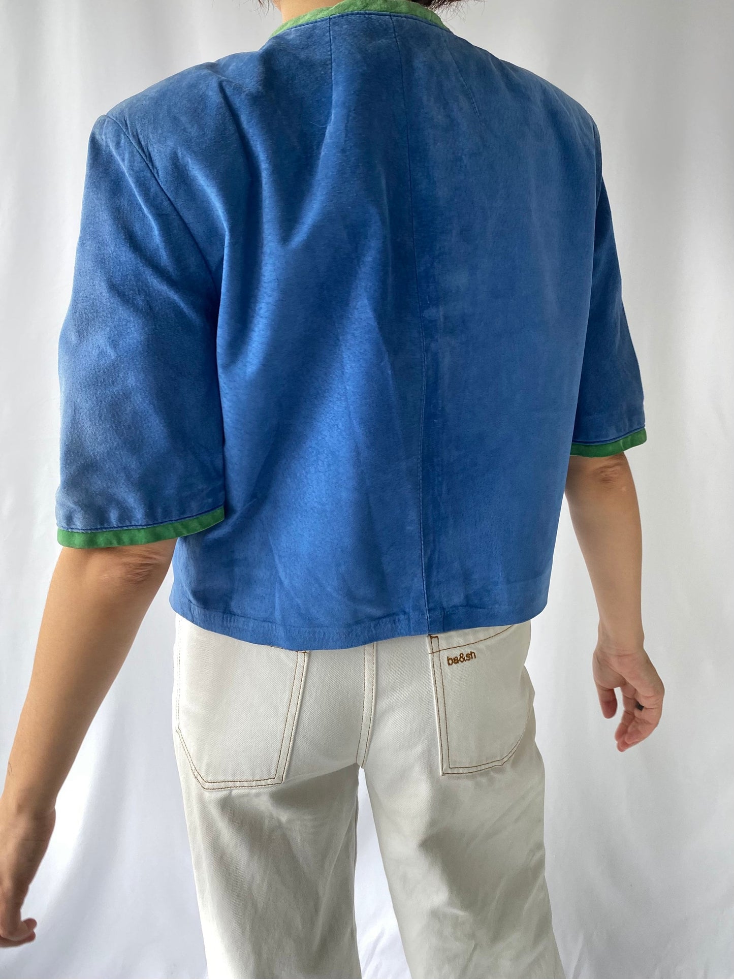 80s vintage blue green color block suede leather spring jacket 