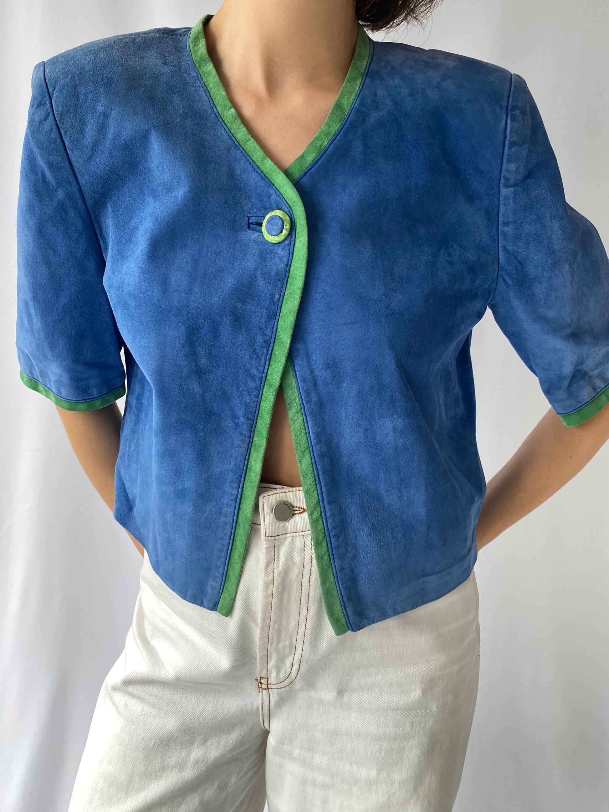 80s vintage blue green color block suede leather spring jacket 