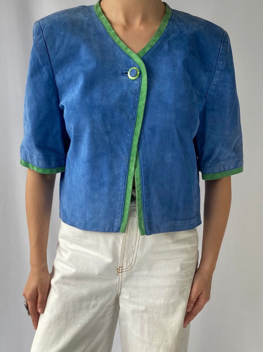 80s vintage blue green color block suede leather spring jacket – medium | danier casual pastel cropped button up blazer