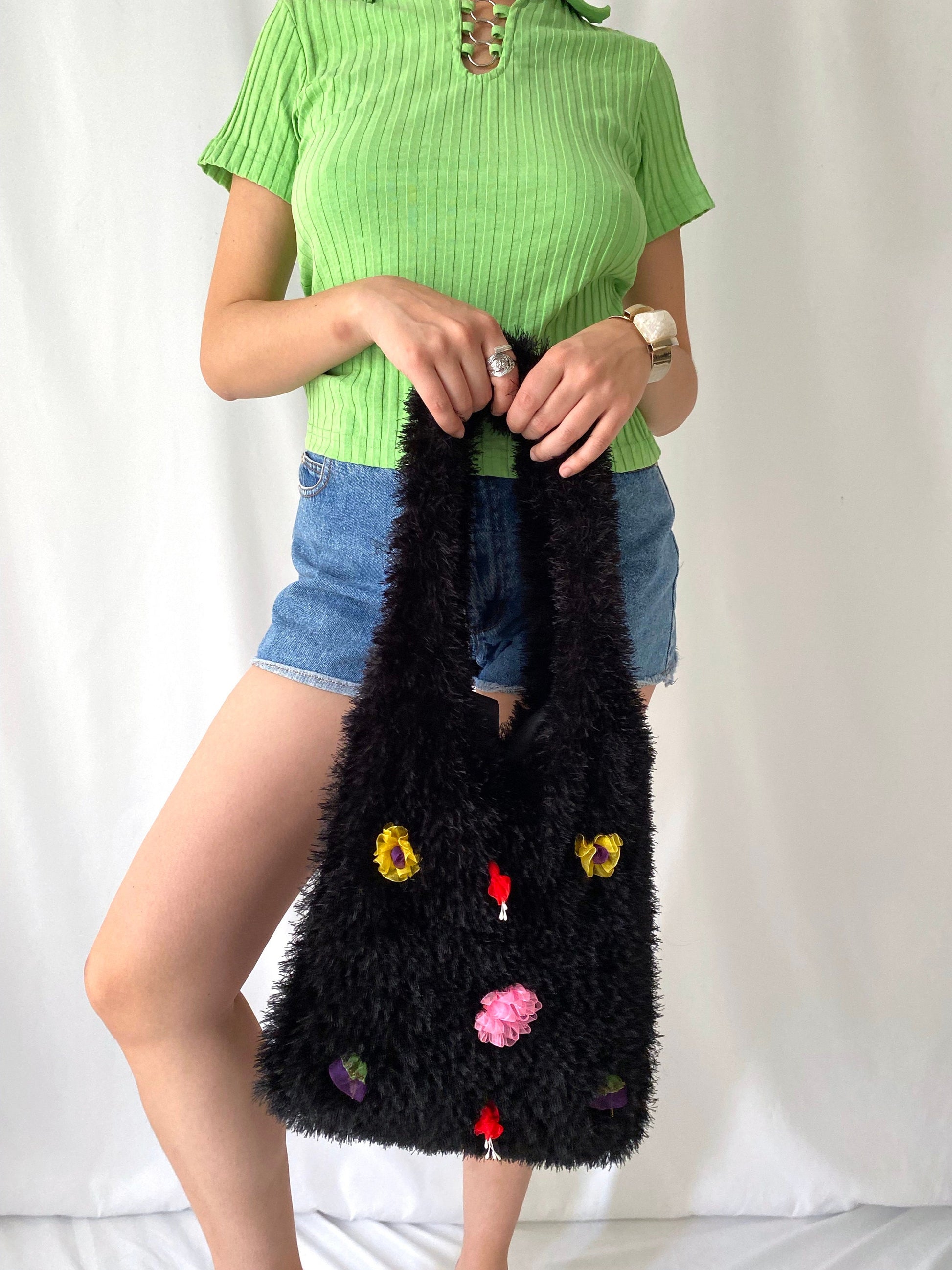 y2k vintage black plushy fluffy embellished floral large tote bag