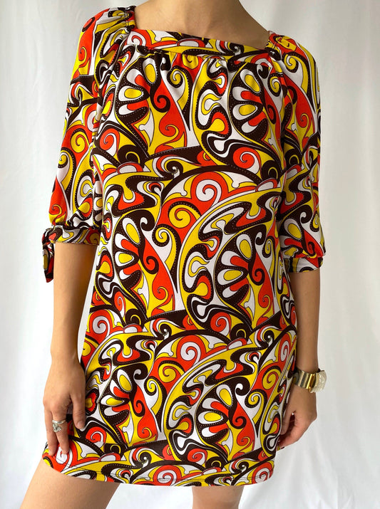 90s does 60s vintage colorful groovy half sleeved dress - small, medium | psychedelic retro swirls tunic