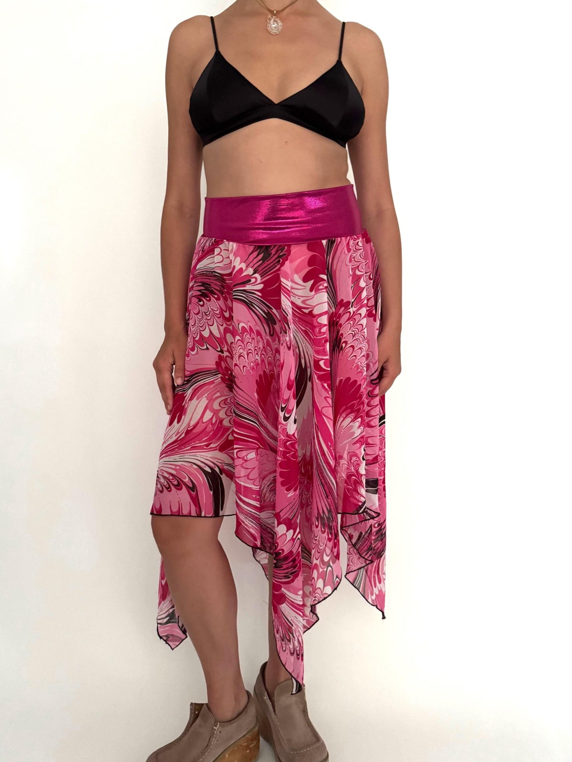 y2k vintage pink asymmetrical sheer flowy midi skirt – small medium | abstract fairy grunge coquette skirt