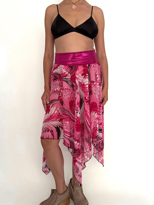 y2k vintage pink asymmetrical sheer flowy midi skirt – small medium | abstract fairy grunge coquette skirt
