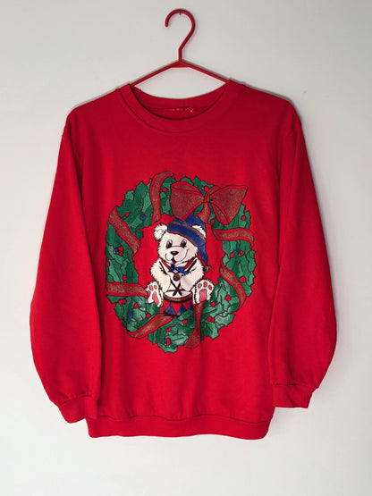 90s vintage red christmas wreath teddy bear graphic pullover sweatshirt – small