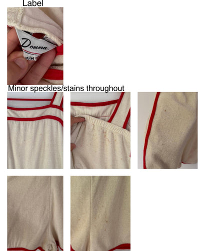 70s vintage cream ringer terry cloth mini playsuit – small | retro vacation cover up one piece shorts romper