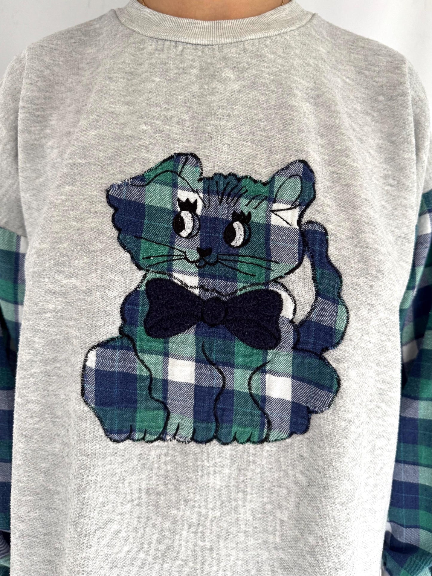 90s vintage plaid flannel cat long sleeved fleece pajama dress – large