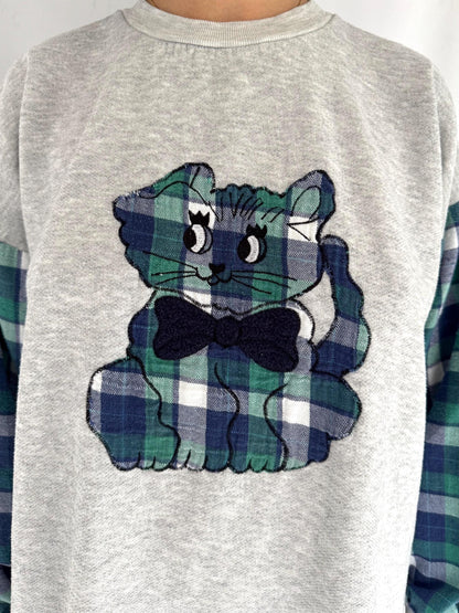 90s vintage plaid flannel cat long sleeved fleece pajama dress – large