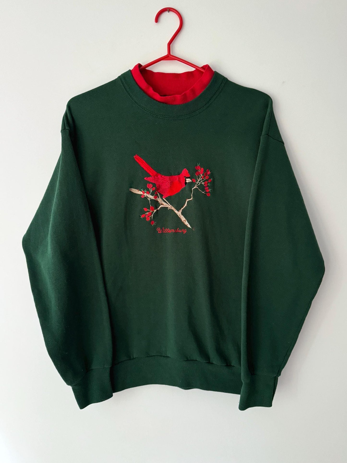 90s vintage green red holiday cardinal bird graphic pullover sweatshirt – medium