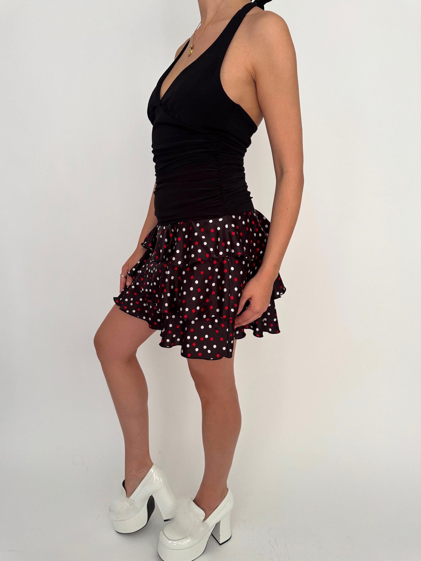 90s vintage black polka dot print short halter party dress – small | ruffled mini skirt cocktail dress