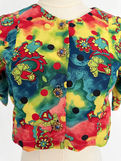 80s vintage colorful handmade floral print crop top blouse