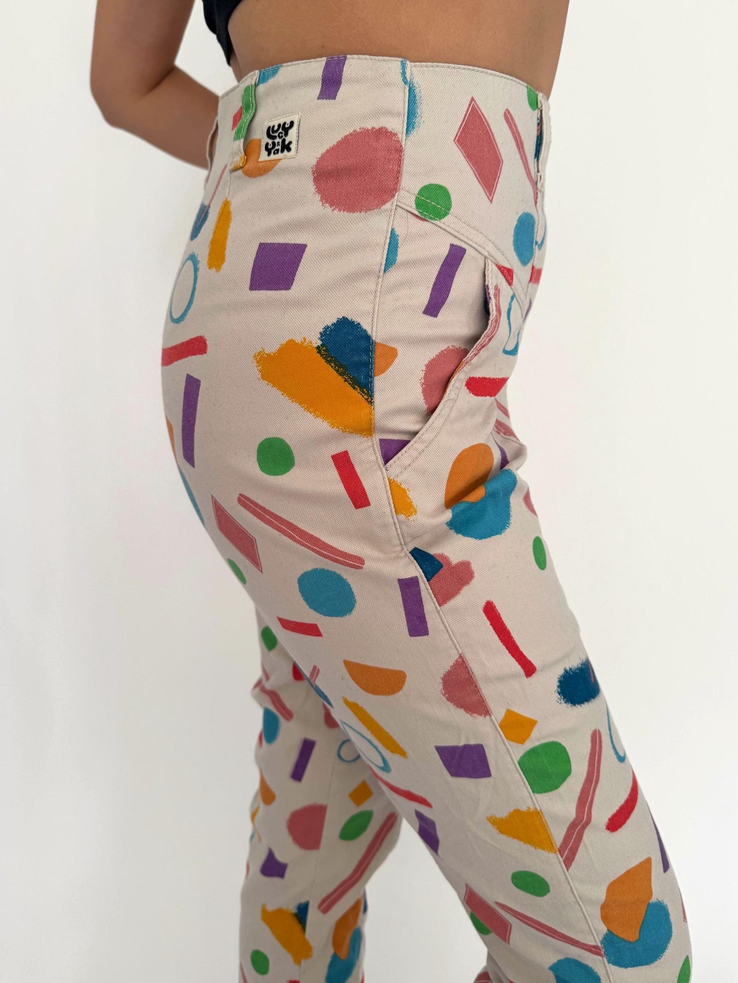 vintage multicolor geometric abstract print slim pants