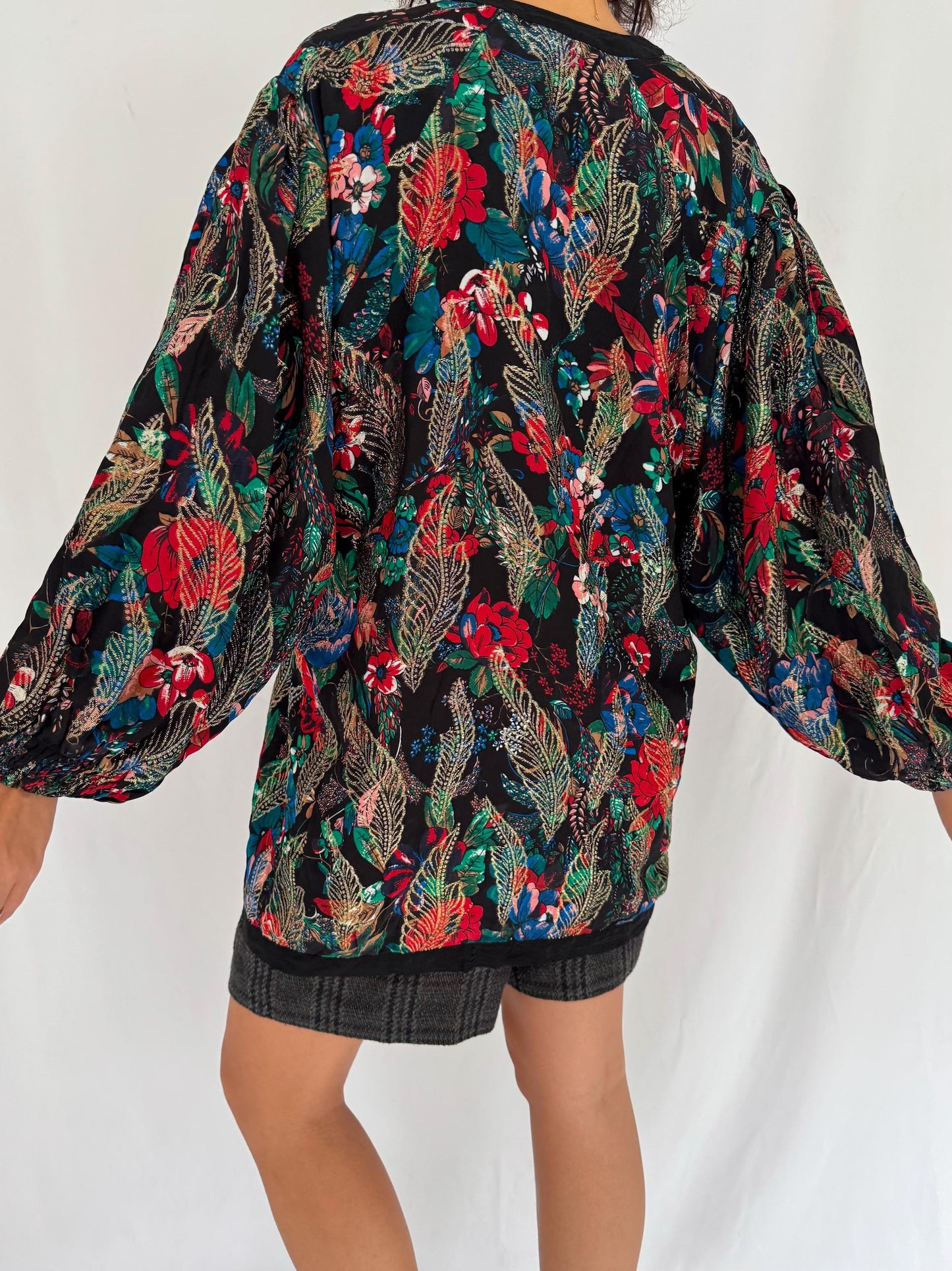 80s vintage abstract floral print light silk open front jacket