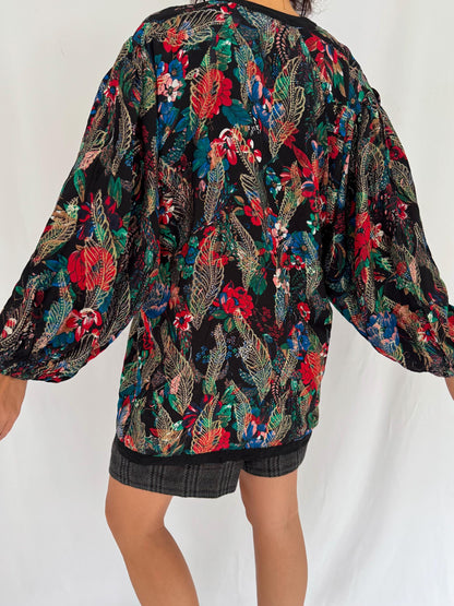 80s vintage abstract floral print light silk open front jacket