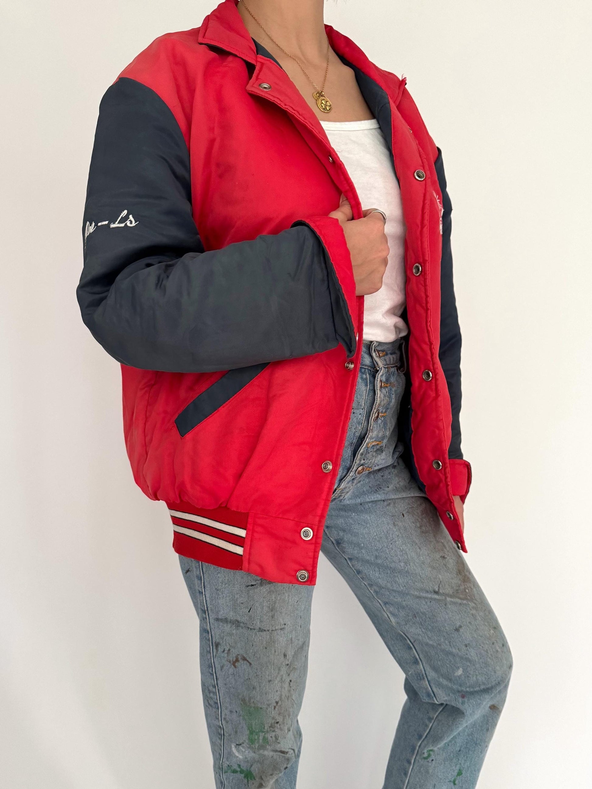 90s vintage red blue spellout puffy bomber jacket
