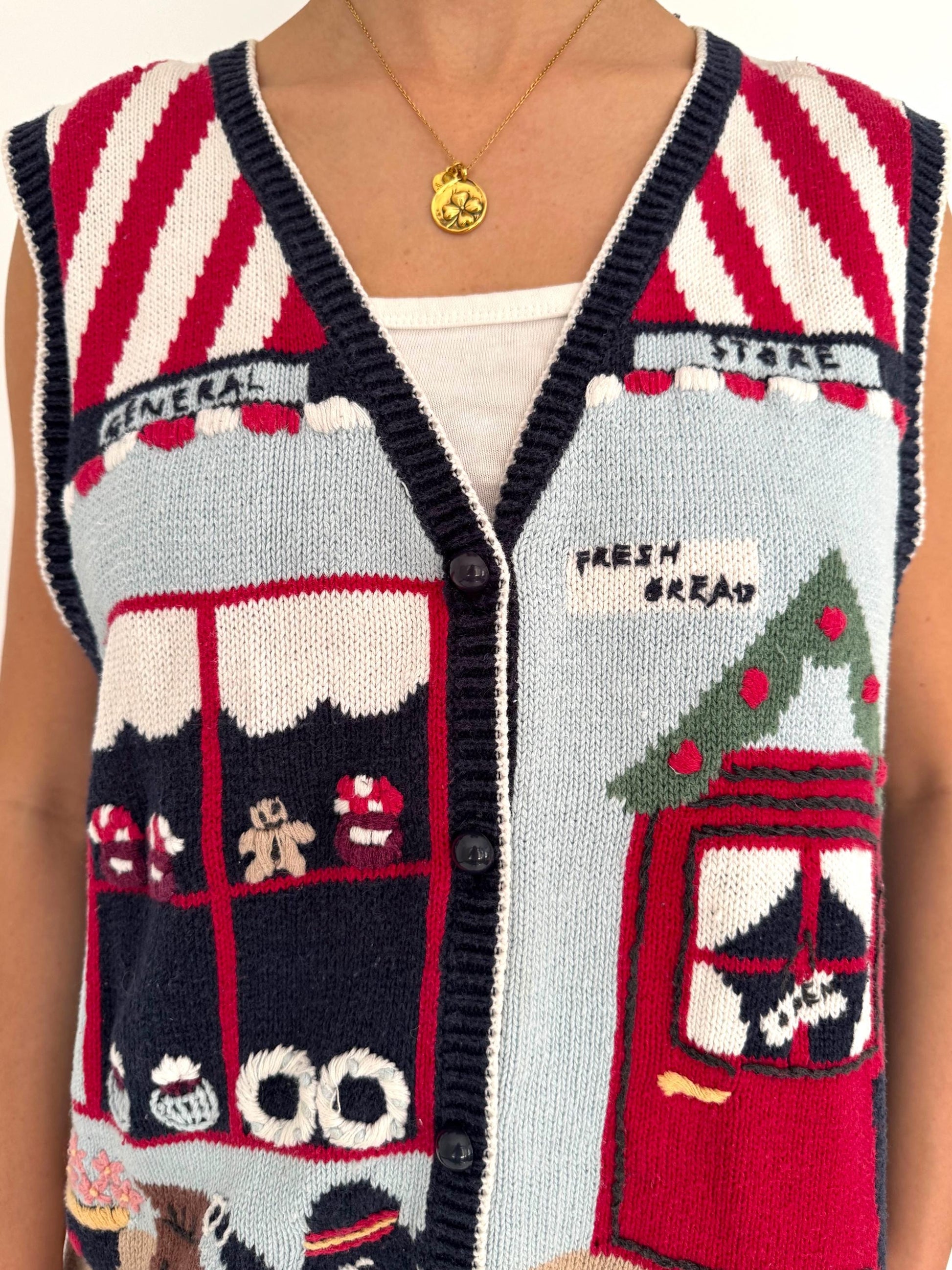 90s vintage multicolor novelty outdoor market store scene knit sweater vest