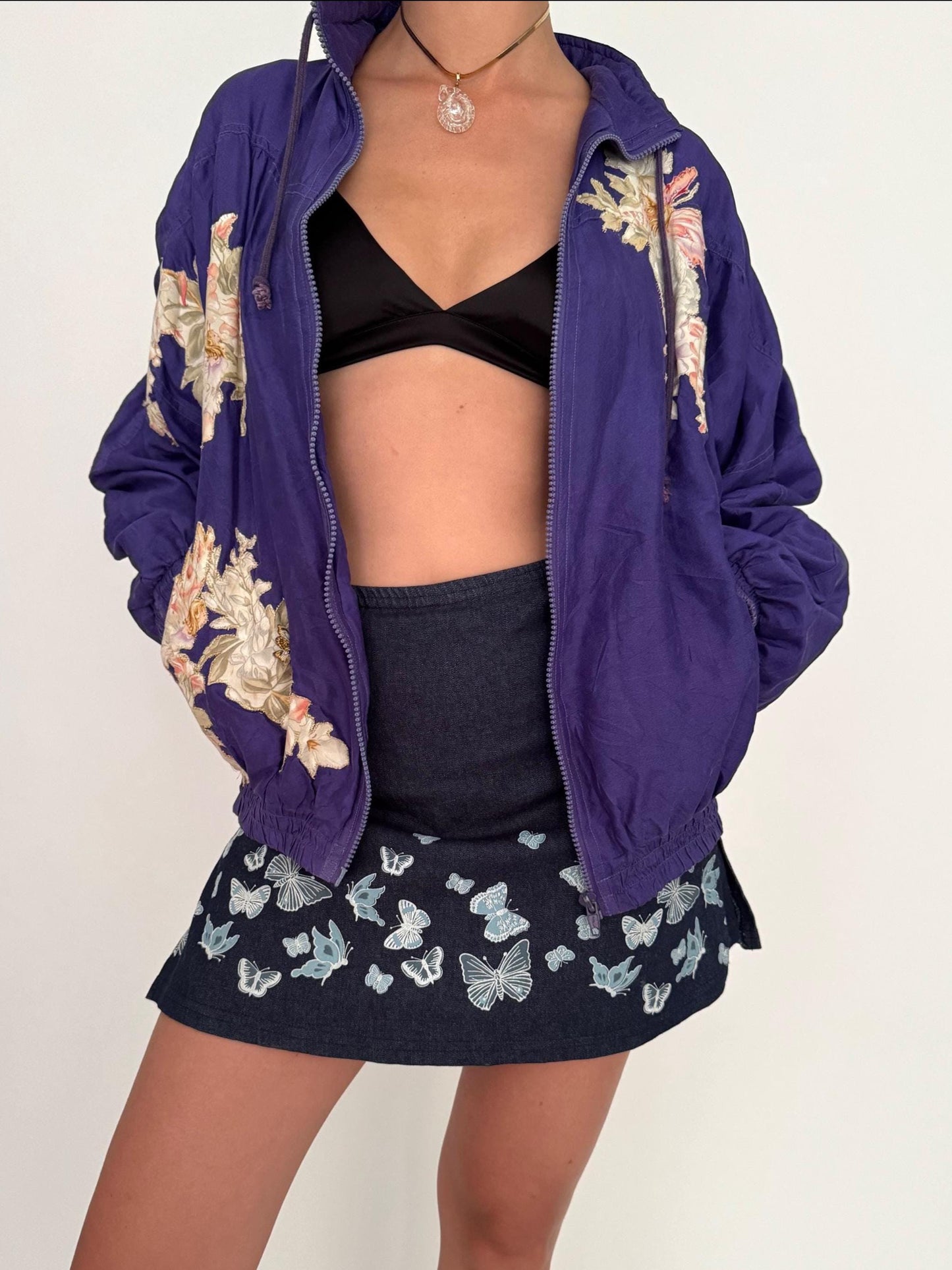 vintage reworked fairy butterfly purple silk bomber jacket - medium | one of a kind whimsical upcycled custom jacket