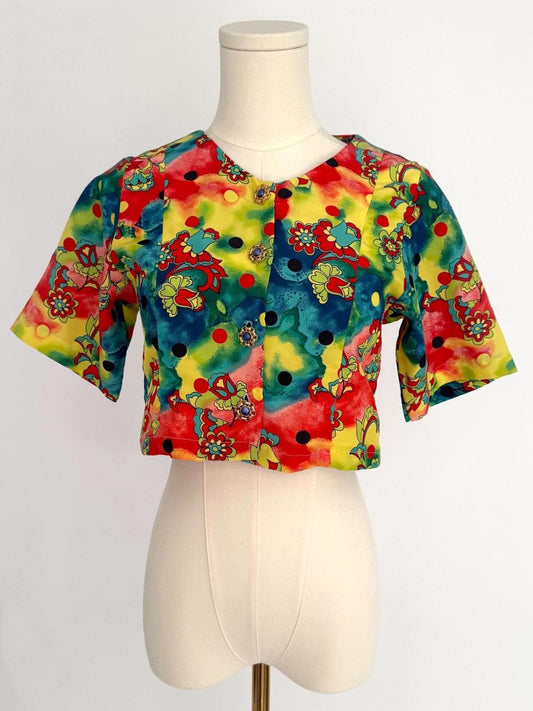 80s vintage colorful handmade floral print crop top blouse