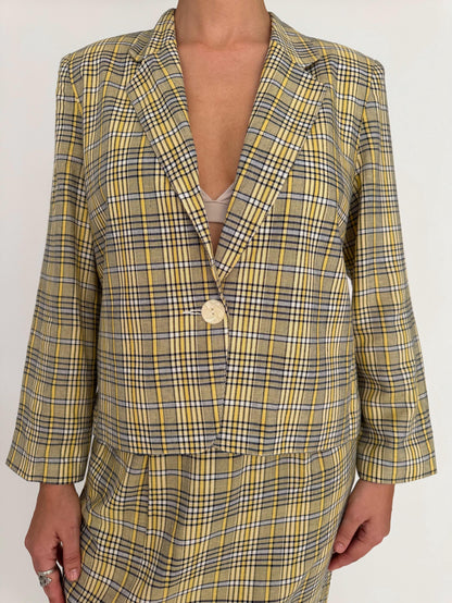 90s vintage yellow tartan plaid blazer skirt matching suit set