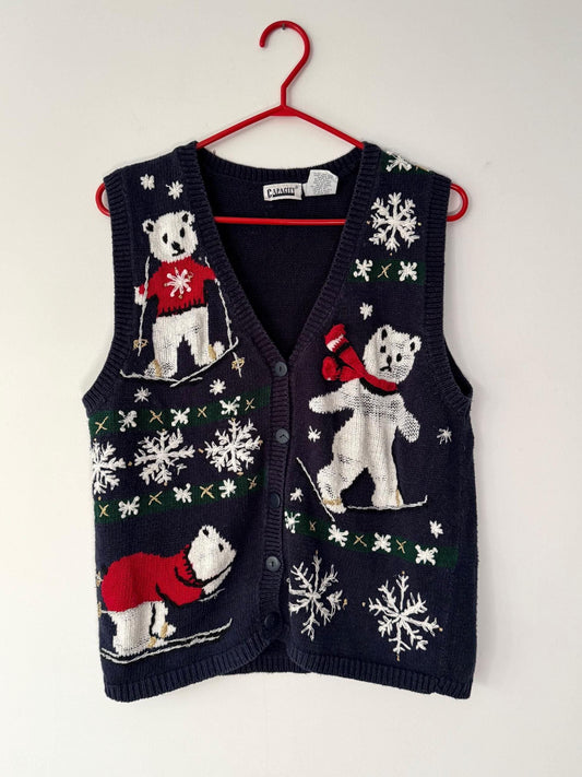 90s vintage navy blue skiing bears ugly christmas knit sweater vest – medium