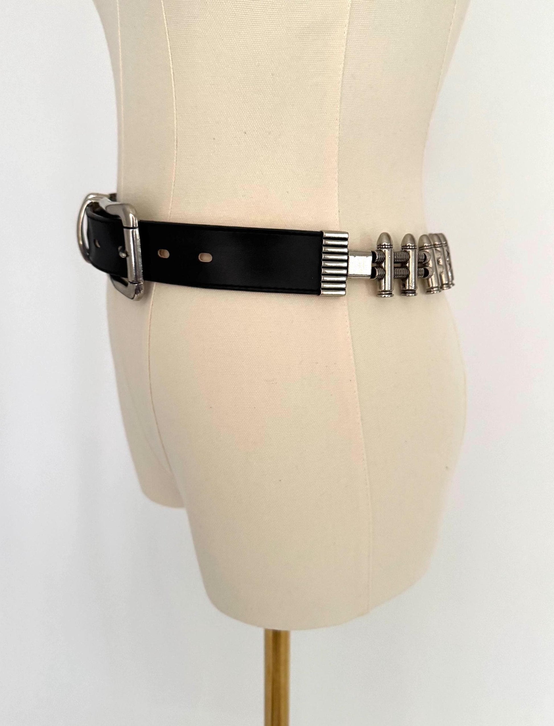 90s vintage bullet silver buckle black leather wide belt