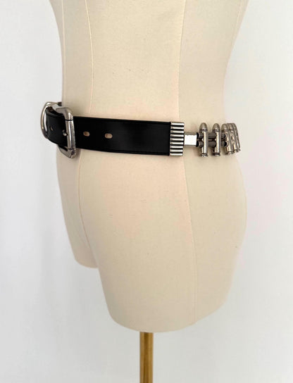 90s vintage bullet silver buckle black leather wide belt