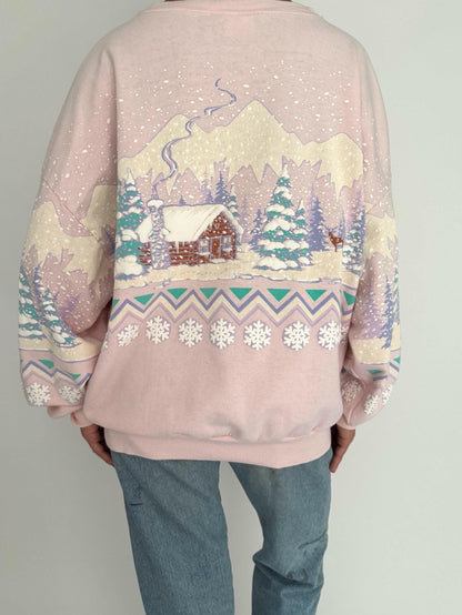 80s vintage pink winter snow holiday graphic pullover sweatshirt – medium, large