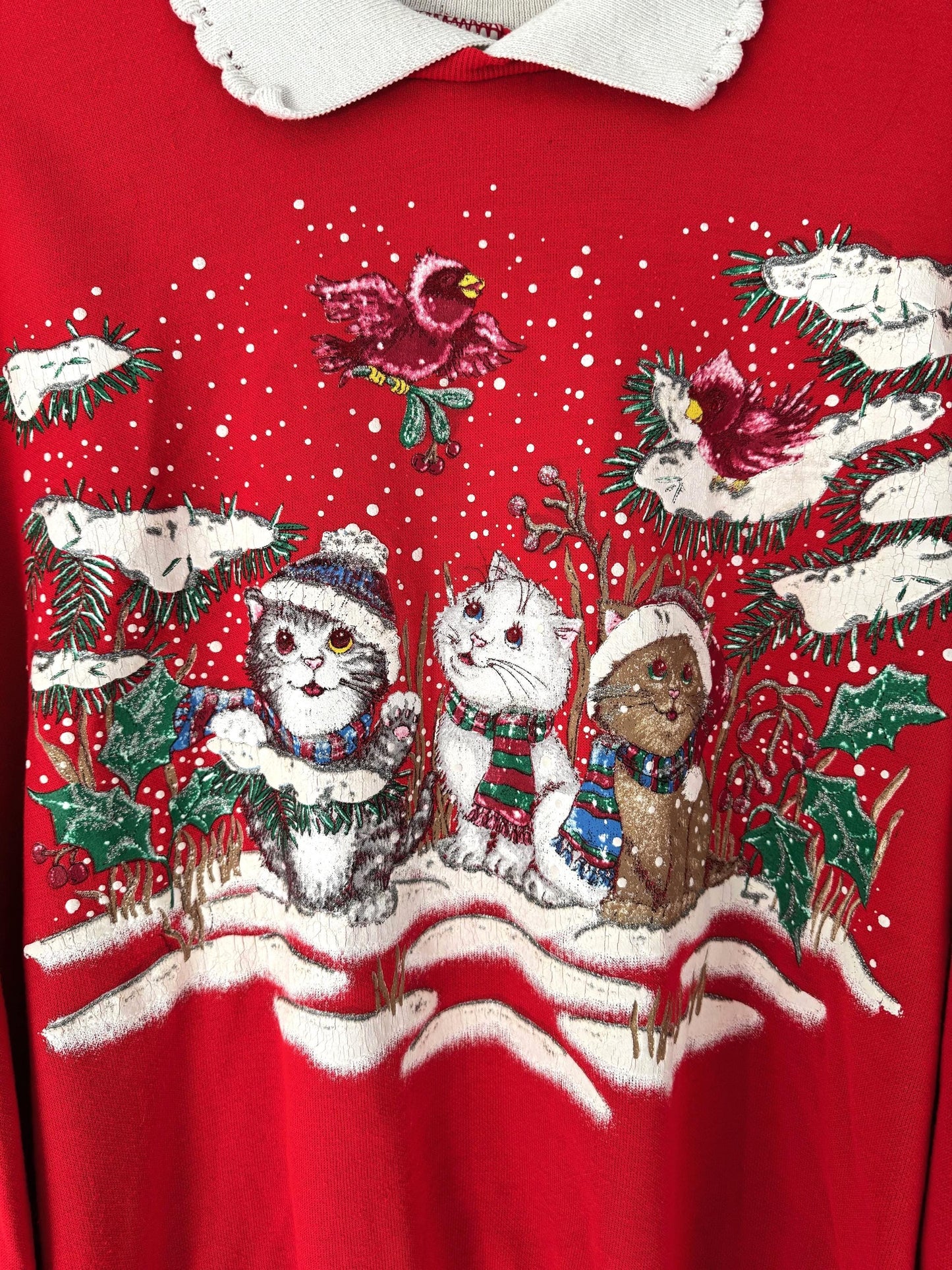 90s vintage red kittens cat christmas graphic pullover sweatshirt – large