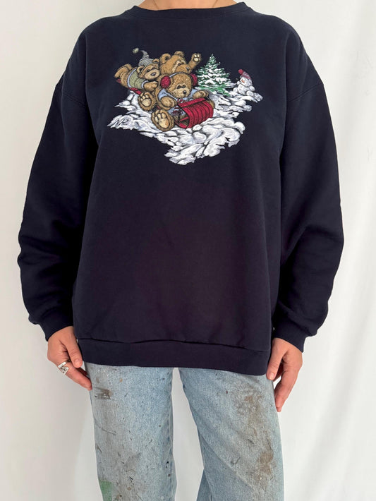 90s vintage blue teddy bear winter sleigh graphic pullover sweatshirt – medium
