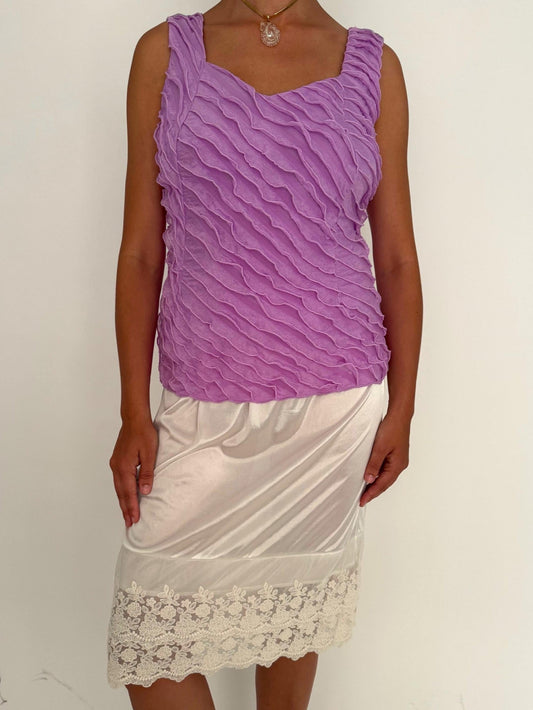 90s vintage purple ruffled tank top – medium large | cute frilly coquette romantic stretch sleeveless shirt