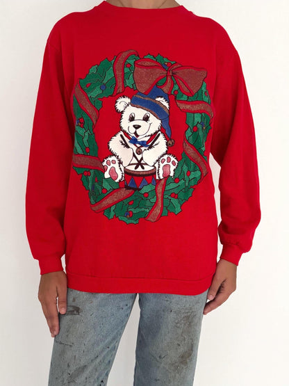 90s vintage red christmas wreath teddy bear graphic pullover sweatshirt – small
