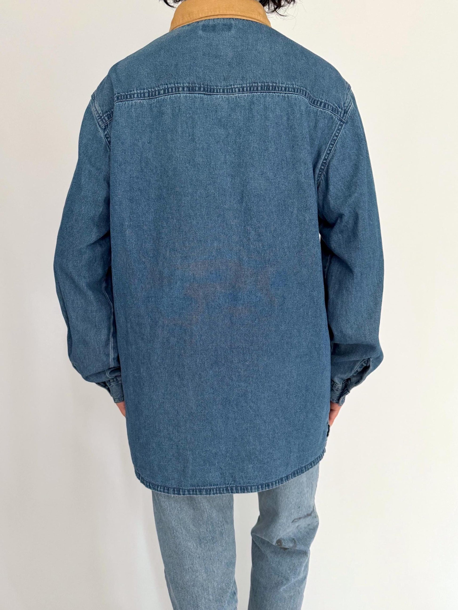 90s vintage blue denim wrist watches novelty embroidered button up shirt