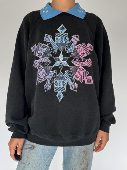 90s vintage black winter snowflake made in USA pullover sweatshirt – extra large