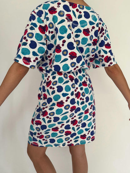90s vintage novelty seashell print cotton dress – medium | short sleeved summer vacation cover up