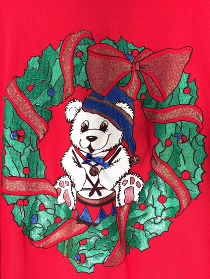 90s vintage red christmas wreath teddy bear graphic pullover sweatshirt – small