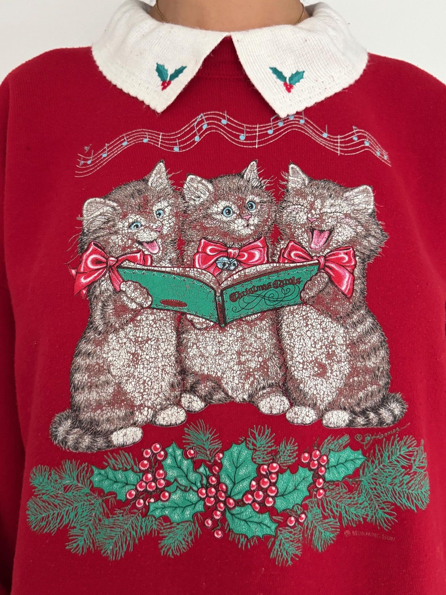 90s vintage red kittens cat Christmas carols graphic pullover sweatshirt – large 1X XL