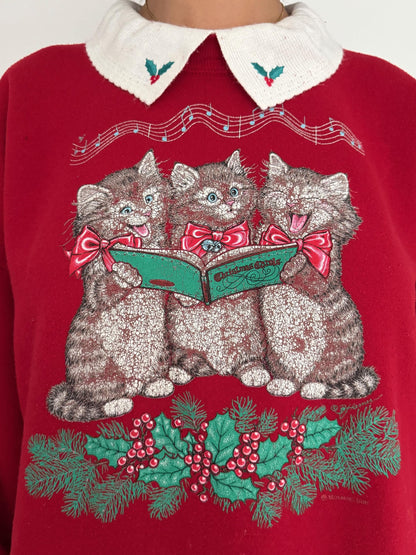 90s vintage red kittens cat Christmas carols graphic pullover sweatshirt – large 1X XL