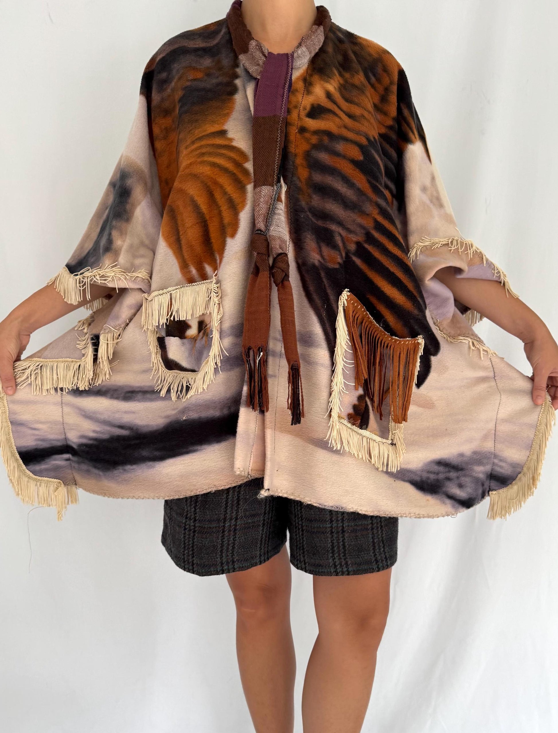 vintage one size homemade eagle print fringed fleece poncho cape