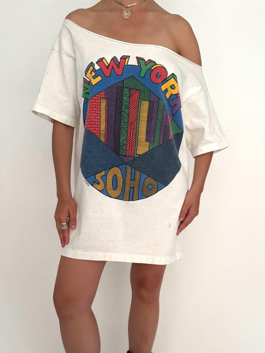 90s vintage new york rainbow graphic tshirt dress – one size | retro reworked off shoulder cotton top